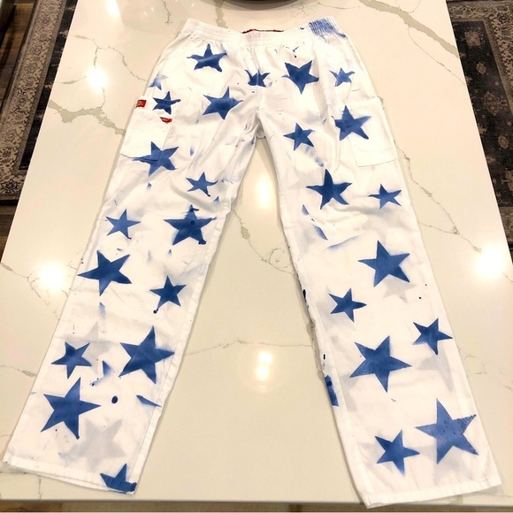 Dickies Pants - Dickies White Straight Leg Pants with Blue Star Print